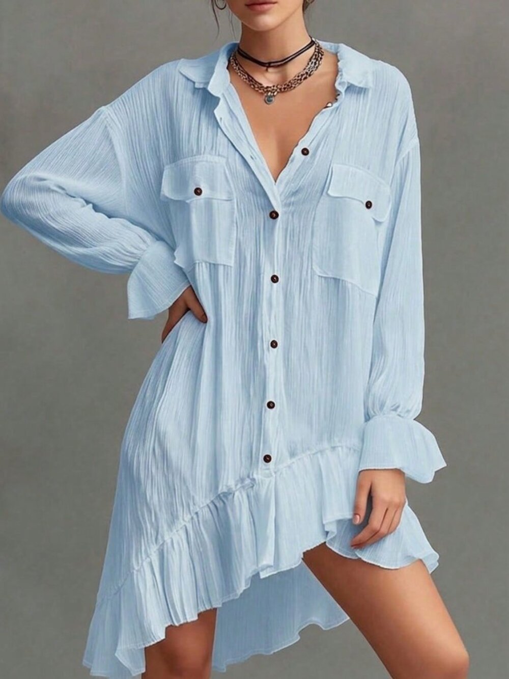 Baby Blue Casual Women's Button Dropped Shoulder Long Sleeve Ruffle Hem Dress - Picture 4 of 4